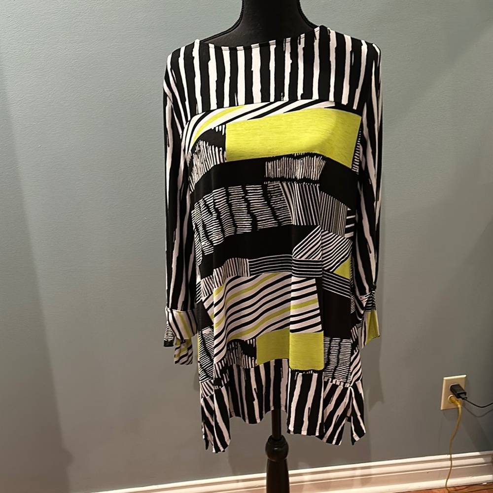 Striped IC by Connie K Black and White Top with Lime Accents
